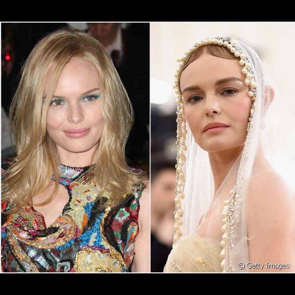 Maquiagem de Kate Bosworth: no MET Gala de 2008, a atriz apostou no delineado azul bem chamativo, enquanto na edi??o de 2018, fez uma make com sombras claras (Foto: Getty Images)